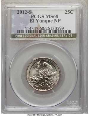 image for: 2012-S 25C El Yunque National Park MS68 PCGS. PCGS Population: (20/0). NGC Census: (0/0). Mintage 37,600,000....