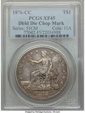 image for: 1876-CC T$1 Doubled Die Reverse, FS-801, Chop Mark, XF45 PCGS. PCGS Population: (2/4). NGC Census: (0/0). XF45....
