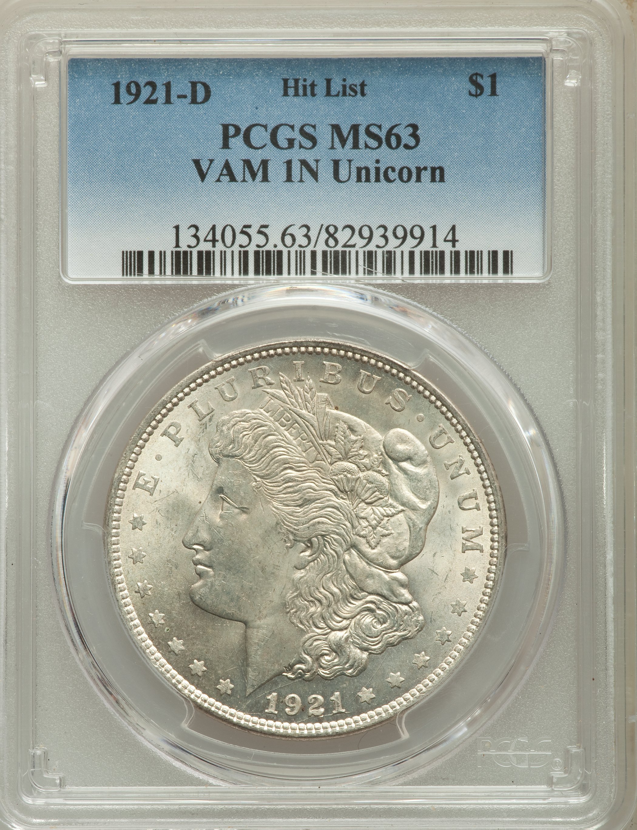 1921-D $1 Unicorn, VAM-1N, MS63 PCGS. PCGS Population: (8/18). NGC Census: (0/0). MS63. ...