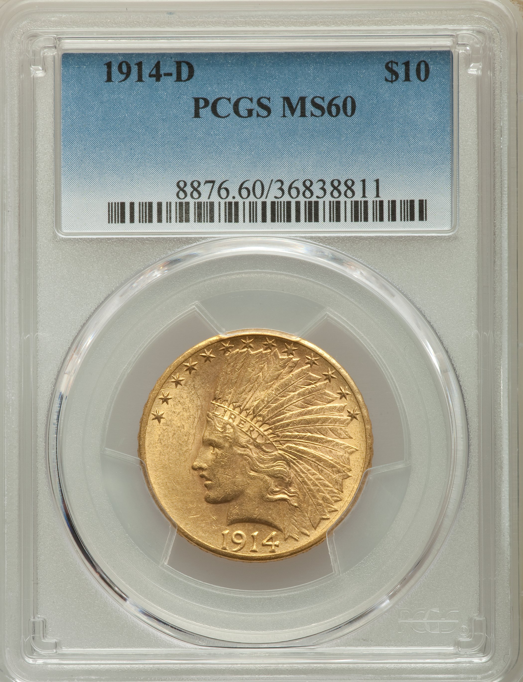 1914-D $10 MS60 PCGS. PCGS Population: (38/2303). NGC Census: (56/2096). CDN: $700 Whsle. Bid for problem-free NGC/PCGS MS6...