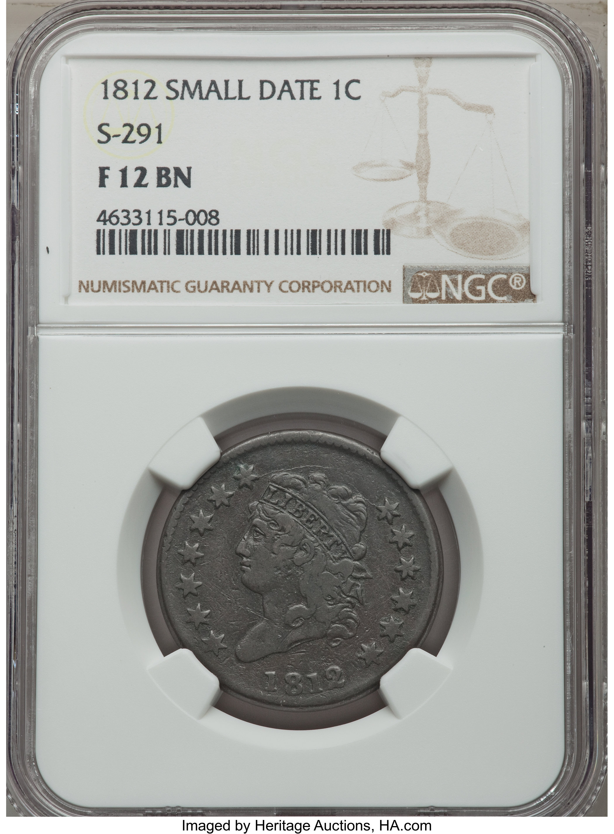 image for: 1812 1C Small Date, S-291, B-1, R.2, Fine 12 NGC. NGC Census: (1/9). PCGS Population: (0/7). Fine 12. ...