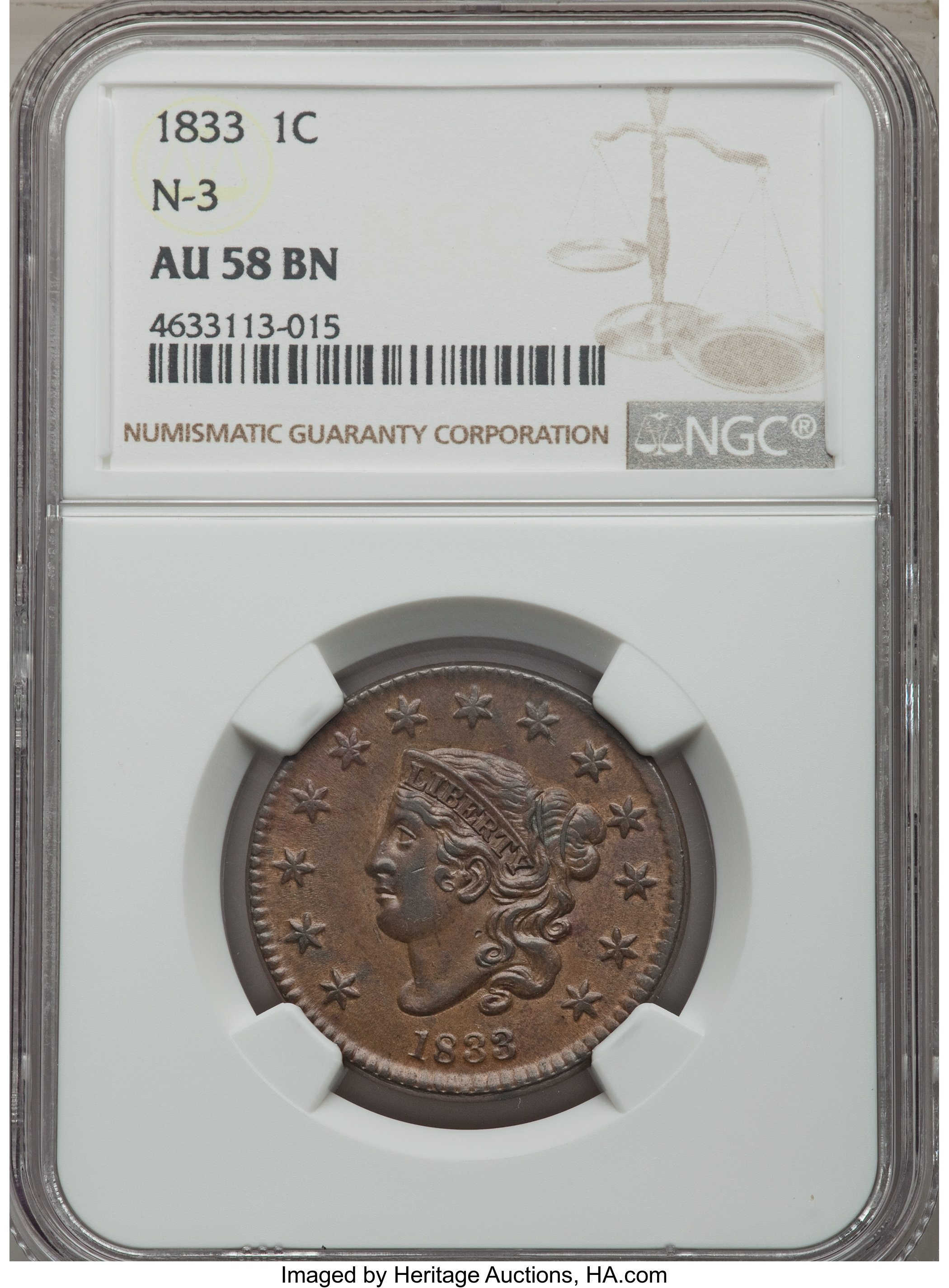 image for: 1833 1C N-3, High R.1, AU58 NGC. NGC Census: (2/12). PCGS Population: (1/7). AU58. ...