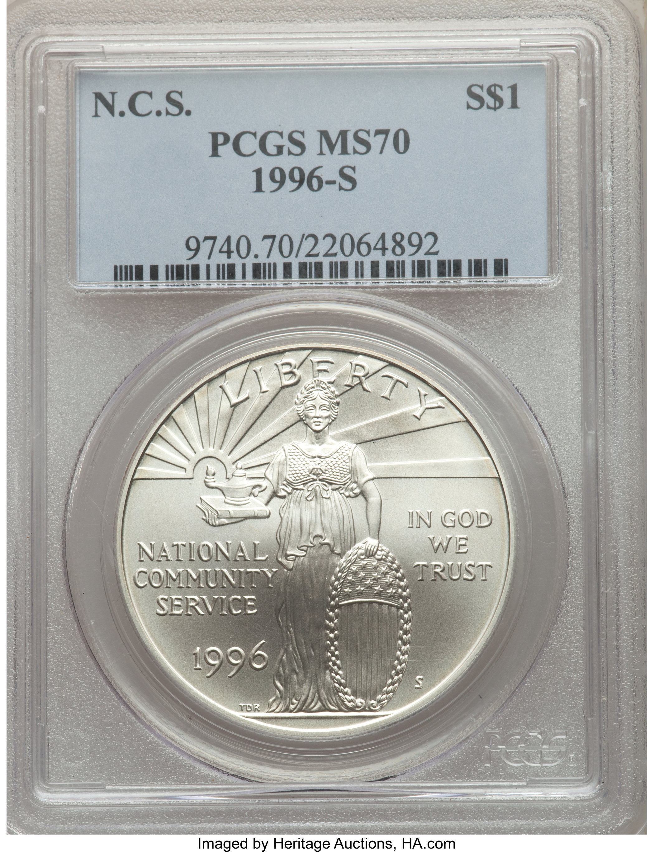 1996-S $1 Nat. Comm. Service MS70 PCGS. PCGS Population: (168). NGC Census: (306). CDN: $170 Whsle. Bid for problem-free NG...