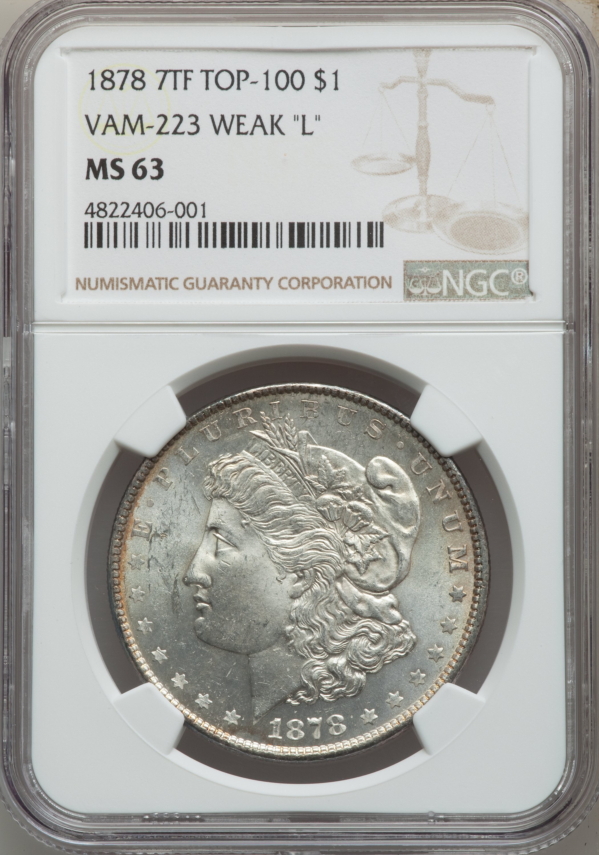 1878 7TF $1 Reverse of 1879, Washed Out L, VAM-223 MS