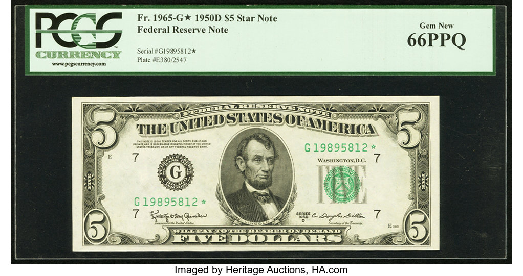 image for: Fr. 1965-G* $5 1950D Federal Reserve Star Note. PCGS Gem New 66PPQ....