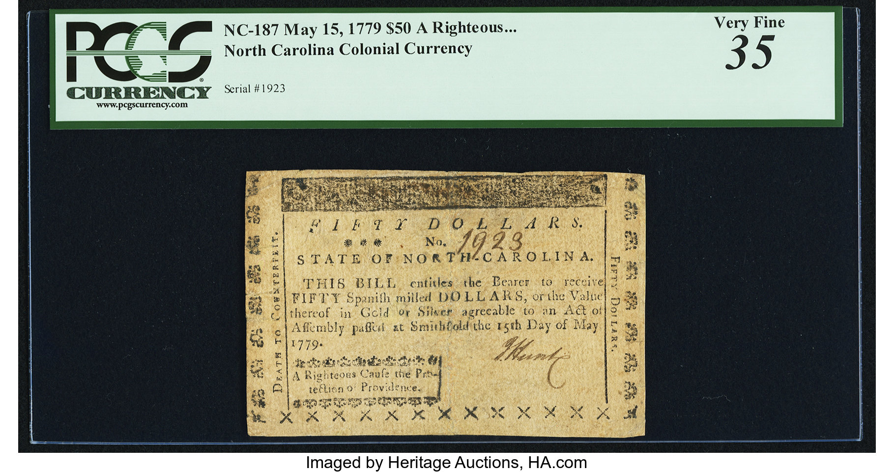 image for: North Carolina May 15, 1779 $50 A Righteous Cause the Protection of Providence PCGS Very Fine 35....