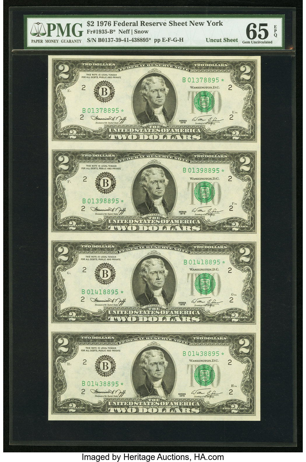 image for: Fr. 1935-B* $2 1976 Federal Reserve Star Notes. Uncut Sheet of Four. PMG Gem Uncirculated 65 EPQ....