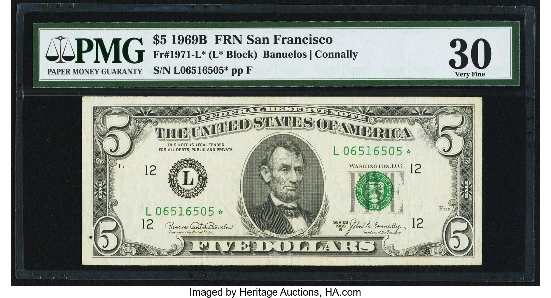 image for: Fr. 1971-L* $5 1969B Federal Reserve Star Note. PMG Very Fine 30....