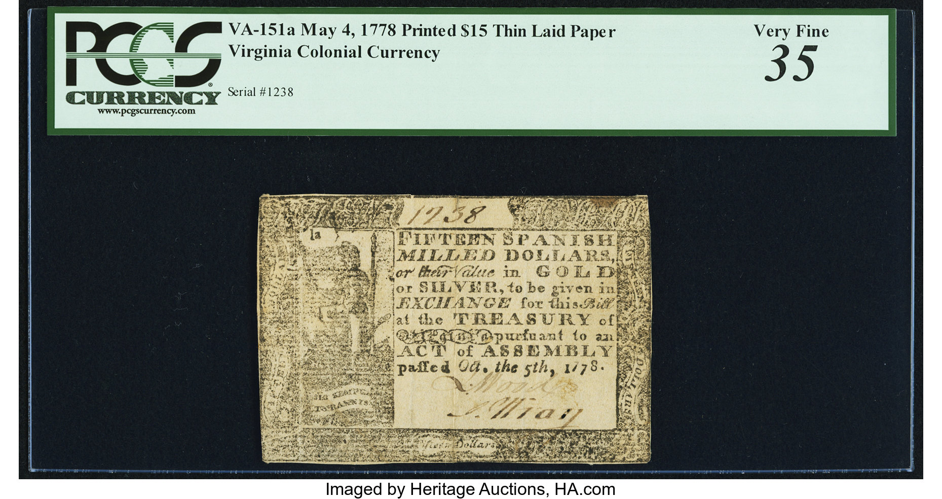 image for: Virginia May 4, 1778 (Dates Printed) $15 PCGS Very Fine 35....