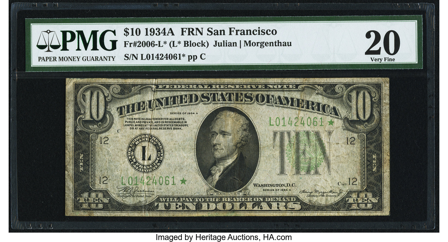 image for: Fr. 2006-L* $10 1934A Federal Reserve Star Note. PMG Very Fine 20....