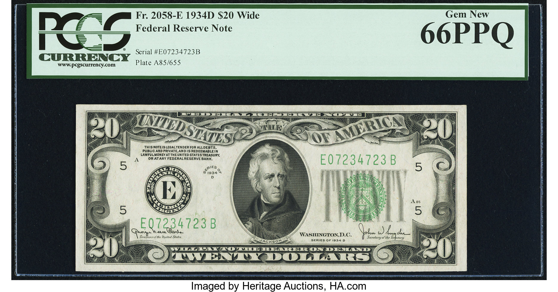 image for: Fr. 2058-E $20 1934D Wide Federal Reserve Note. PCGS Gem New 66PPQ....