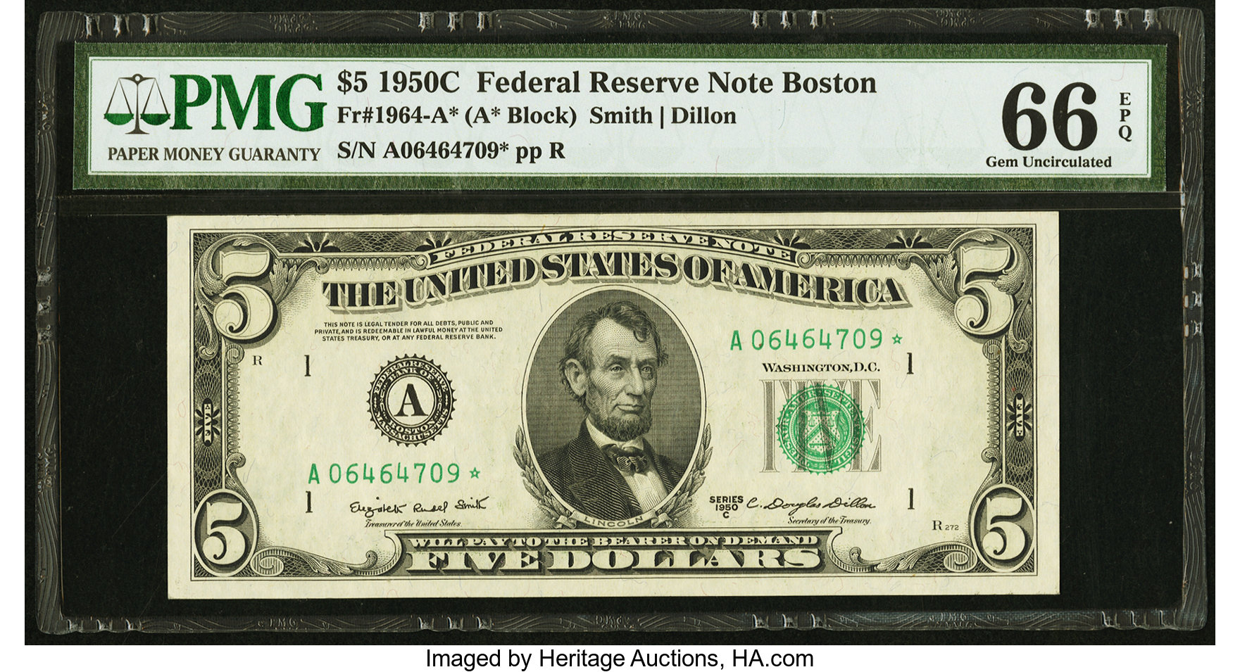image for: Fr. 1964-A* $5 1950C Federal Reserve Star Note. PMG Gem Uncirculated 66 EPQ....