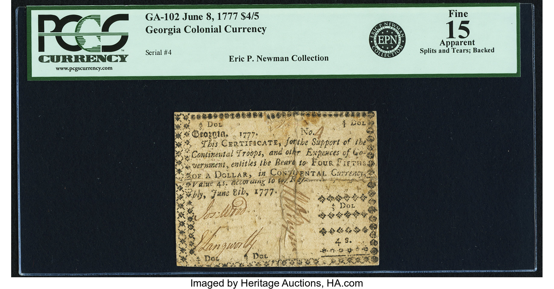 image for: Georgia June 8, 1777 $4/5 PCGS Apparent Fine 15....