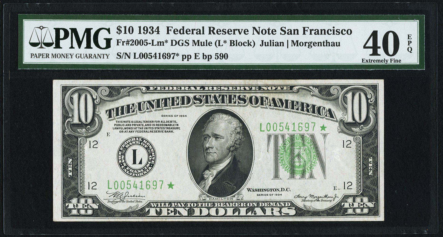 image for: Fr. 2005-L* $10 1934 Mule Federal Reserve Star Note. PMG Extremely Fine 40 EPQ....