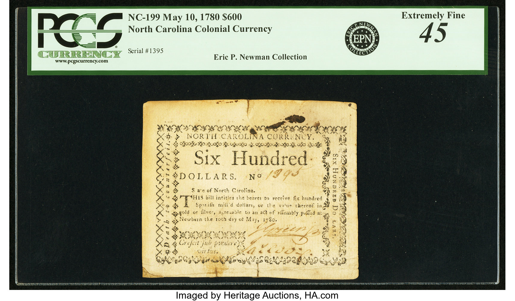 image for: North Carolina May 10, 1780 $600 Fr. NC-199. PCGS Extremely Fine 45 Apparent....