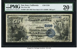 image for: San Jose, CA - $50 1882 Date Back Fr. 560 The First NB Ch. # (P)2158 PMG Very Fine 20 Net....