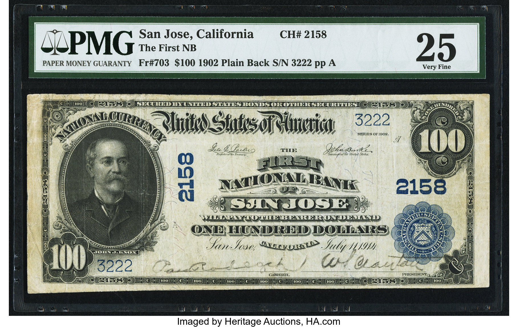 image for: San Jose, CA - $100 1902 Plain Back Fr. 703 The First NB Ch. # 2158 PMG Very Fine 25....