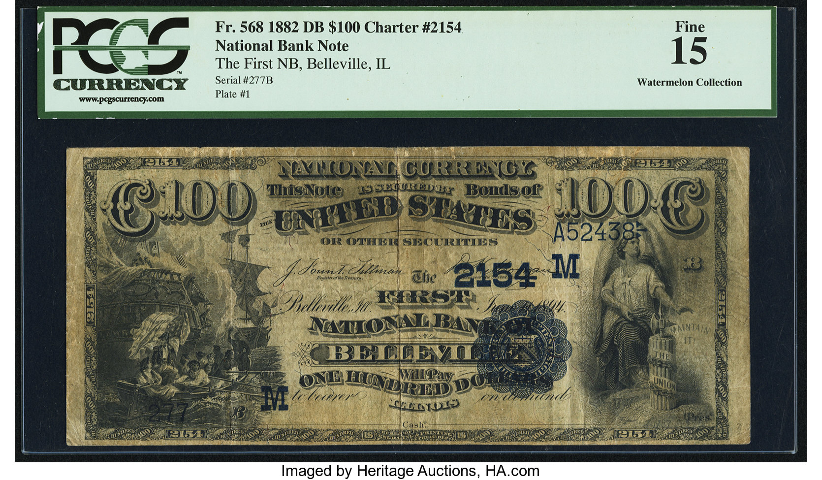 image for: Belleville, IL - $100 1882 Date Back Fr. 568 The First NB Ch. # (M)2154 PCGS Fine 15....