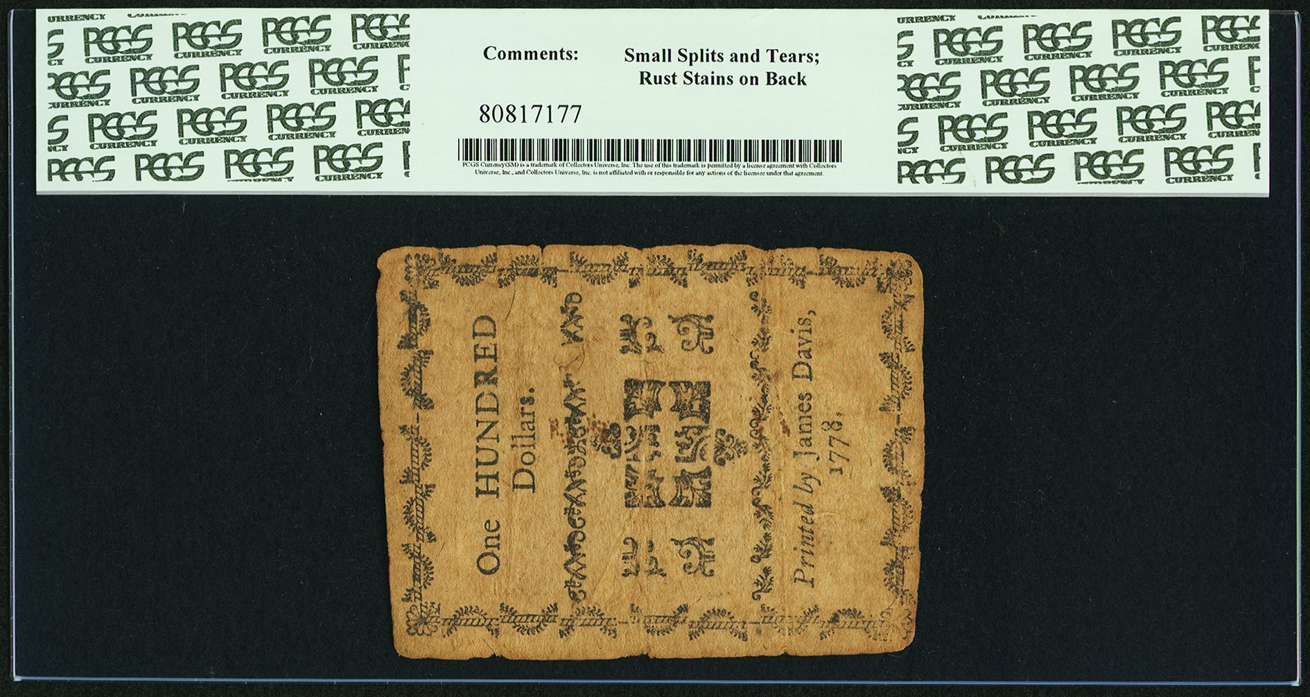 image for: North Carolina August 8, 1778 $100 Freedom or an Honorable Death PCGS Fine 15....