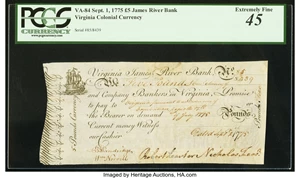image for: Virginia September 1, 1775 £5 PCGS Extremely Fine 45....