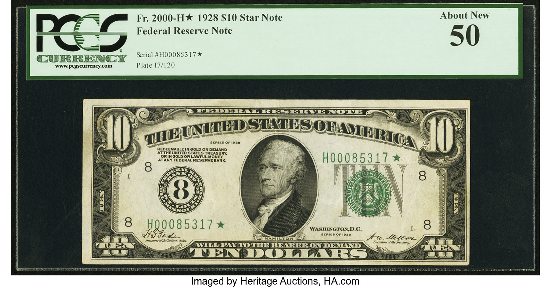 image for: Fr. 2000-H* $10 1928 Federal Reserve Note. PCGS About New 50....