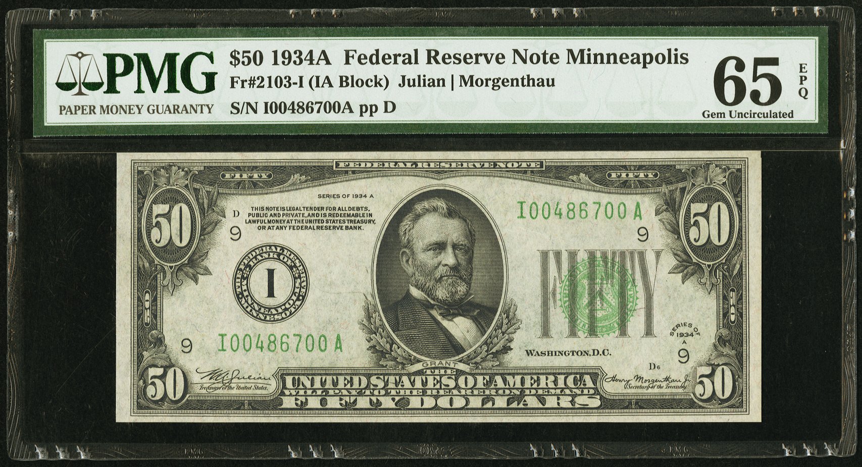 image for: Fr. 2103-I $50 1934A Federal Reserve Note. PMG Gem Uncirculated 65 EPQ....