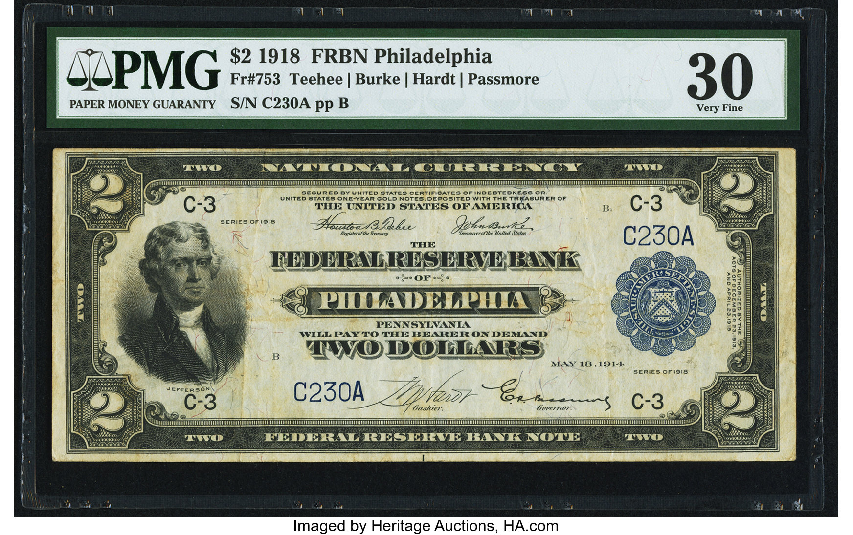 Fr. 753 $2 1918 Federal Reserve Bank Note Serial Number C230A PMG Very Fine 30. ...