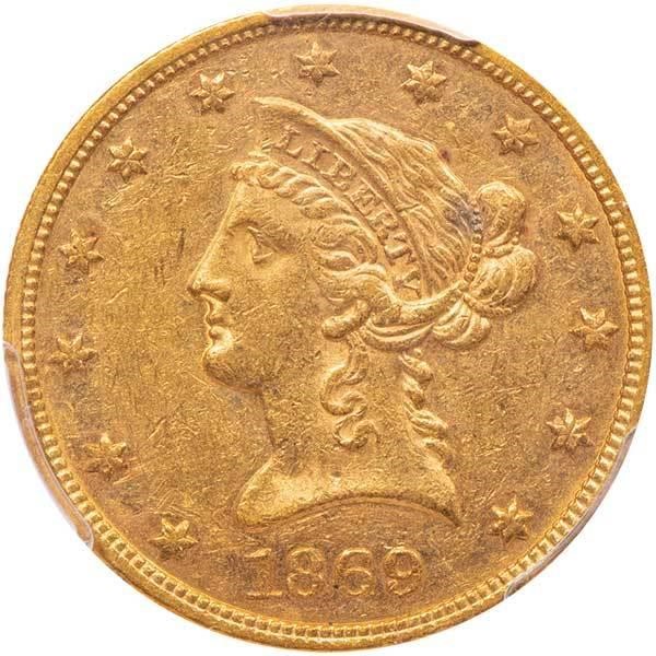 image for: $10 1869 PCGS AU55
