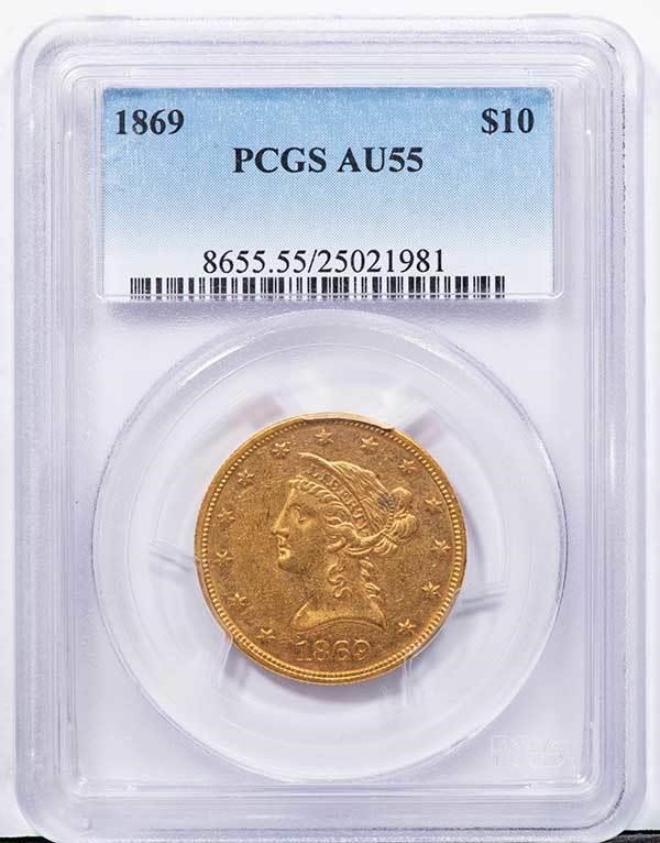 image for: $10 1869 PCGS AU55