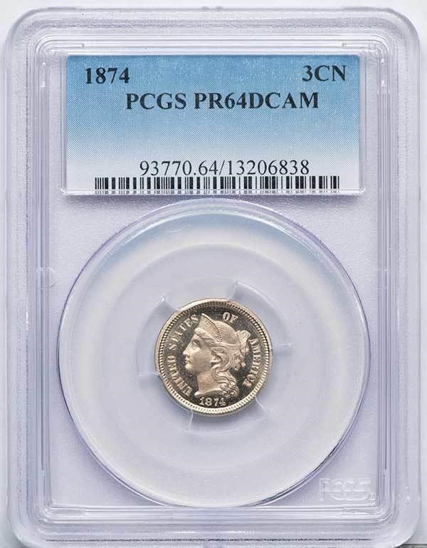 image for: 3CN 1874 PCGS PR64 DCAM