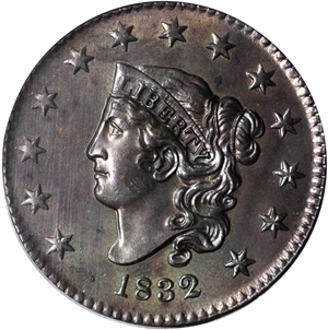 image for: 1832 Matron Head Cent. N-3. Rarity-1. Large Letters. MS-63 BN (PCGS).