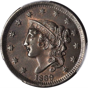 image for: 1839 Modified Matron Head Cent. N-2. Rarity-2. Head of 1838. Rarity-2. MS-64 BN (PCGS).