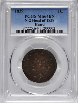 image for: 1839 Modified Matron Head Cent. N-2. Rarity-2. Head of 1838. Rarity-2. MS-64 BN (PCGS).