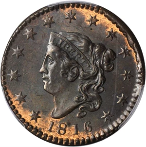 image for: 1816 Matron Head Cent. N-2. Rarity-1. MS-63 RB (PCGS).