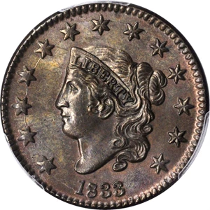 image for: 1833 Matron Head Cent. N-5. Rarity-1. MS-64 BN (PCGS). CAC.