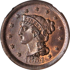 image for: 1854 Braided Hair Cent. N-11. Rarity-2. MS-65 RB (NGC).