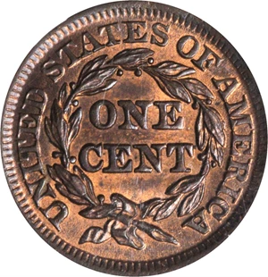 image for: 1854 Braided Hair Cent. N-11. Rarity-2. MS-65 RB (NGC).