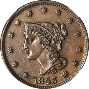 image for: 1843 Braided Hair Cent. N-8. Rarity-2. Petite, Small Letters. MS-63 BN (NGC).