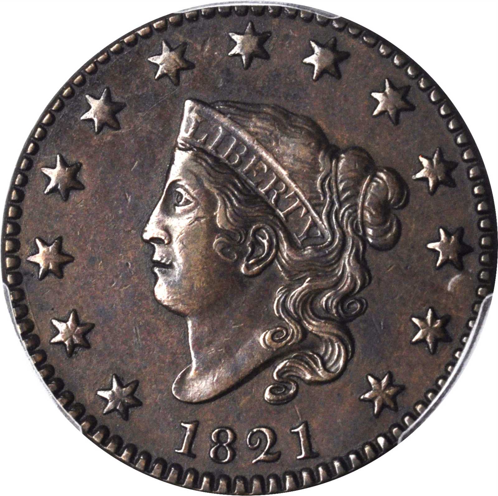 image for: 1821 Matron Head Cent. N-1. Rarity-1. AU-50 BN (PCGS).