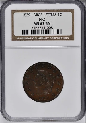 image for: 1829 Matron Head Cent. N-2. Rarity-2. Large Letters. MS-62 BN (NGC).