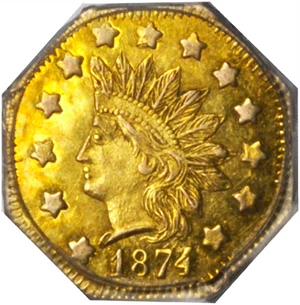 image for: 1874 Octagonal $1. BG-1124. Rarity-4+. Indian Head. MS-62 (PCGS).