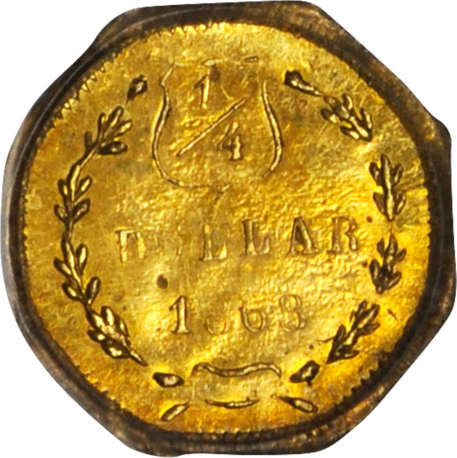 image for: 1868-G Octagonal 25 Cents. BG-745. Rarity-6. Liberty Head. MS-62 (PCGS).