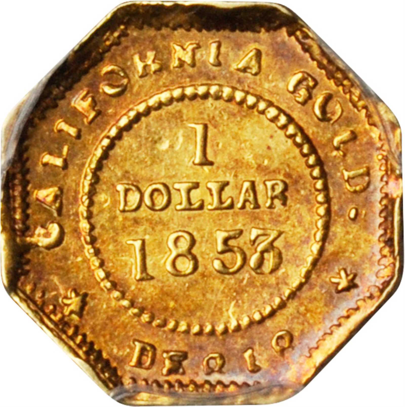 image for: 1853-DERIB Octagonal $1. BG-526. Rarity-6+. Liberty Head. AU-58 (PCGS).