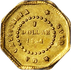 image for: 1854-FD Octagonal $1. BG-508. Rarity-4+. Liberty Head. AU-58 (PCGS).