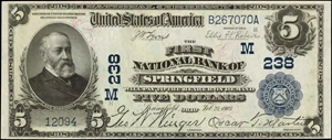 image for: Springfield, Ohio. $5 1902 Date Back. Friedberg 590 (W-760). The First NB. Charter #238. PCGS Currency Choice New 63.