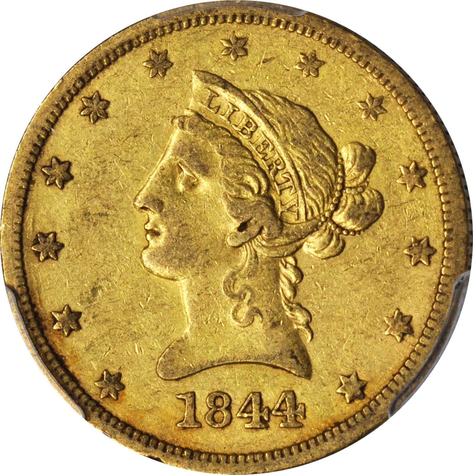 1844-O Liberty Head Eagle. Winter-1. Misplaced Date, Repunched Mintmark. VF-35 (PCGS). CAC.