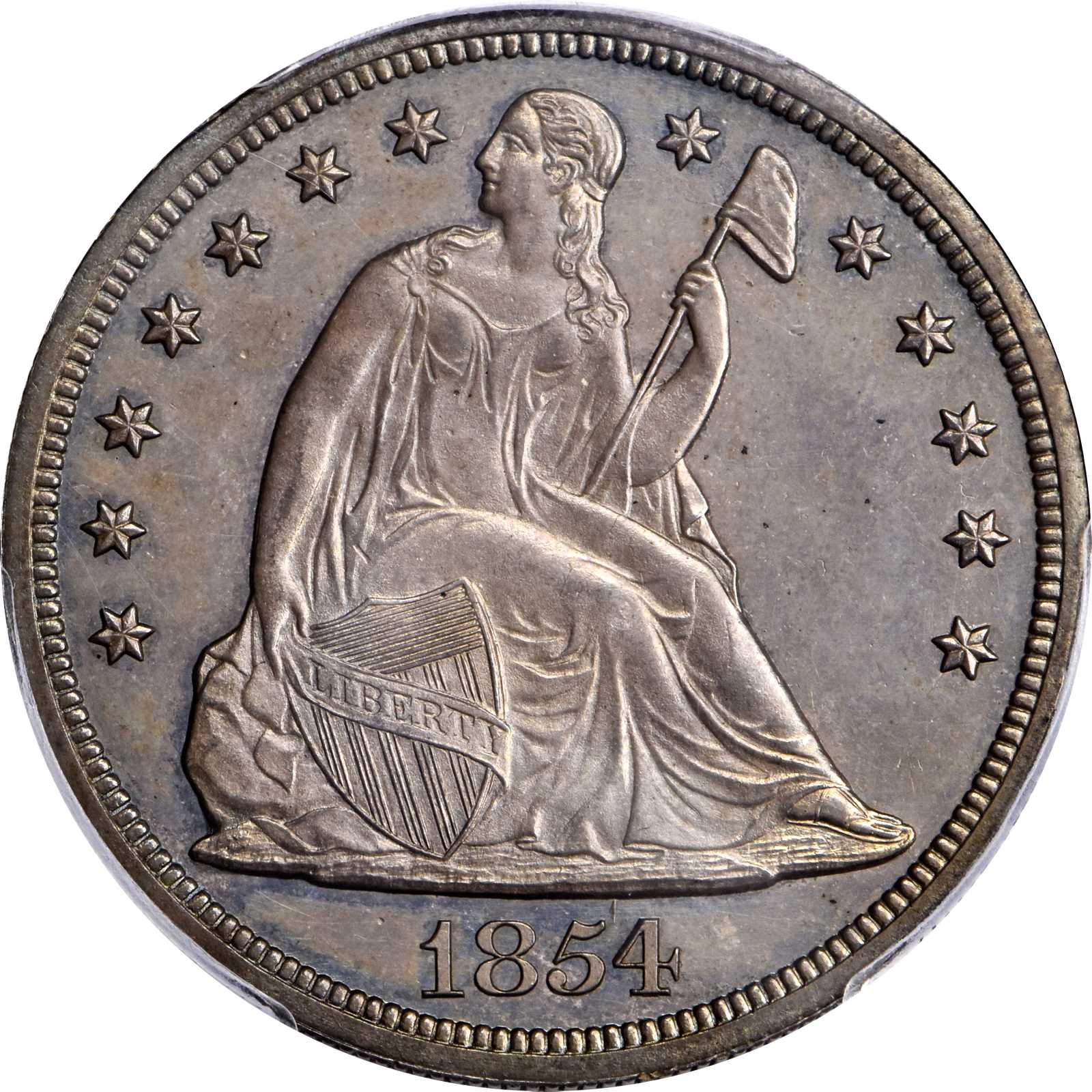 image for: 1854 Liberty Seated Silver Dollar. Restrike. OC-P3. Rarity-7-. Blundered Date. Proof-62 (PCGS).