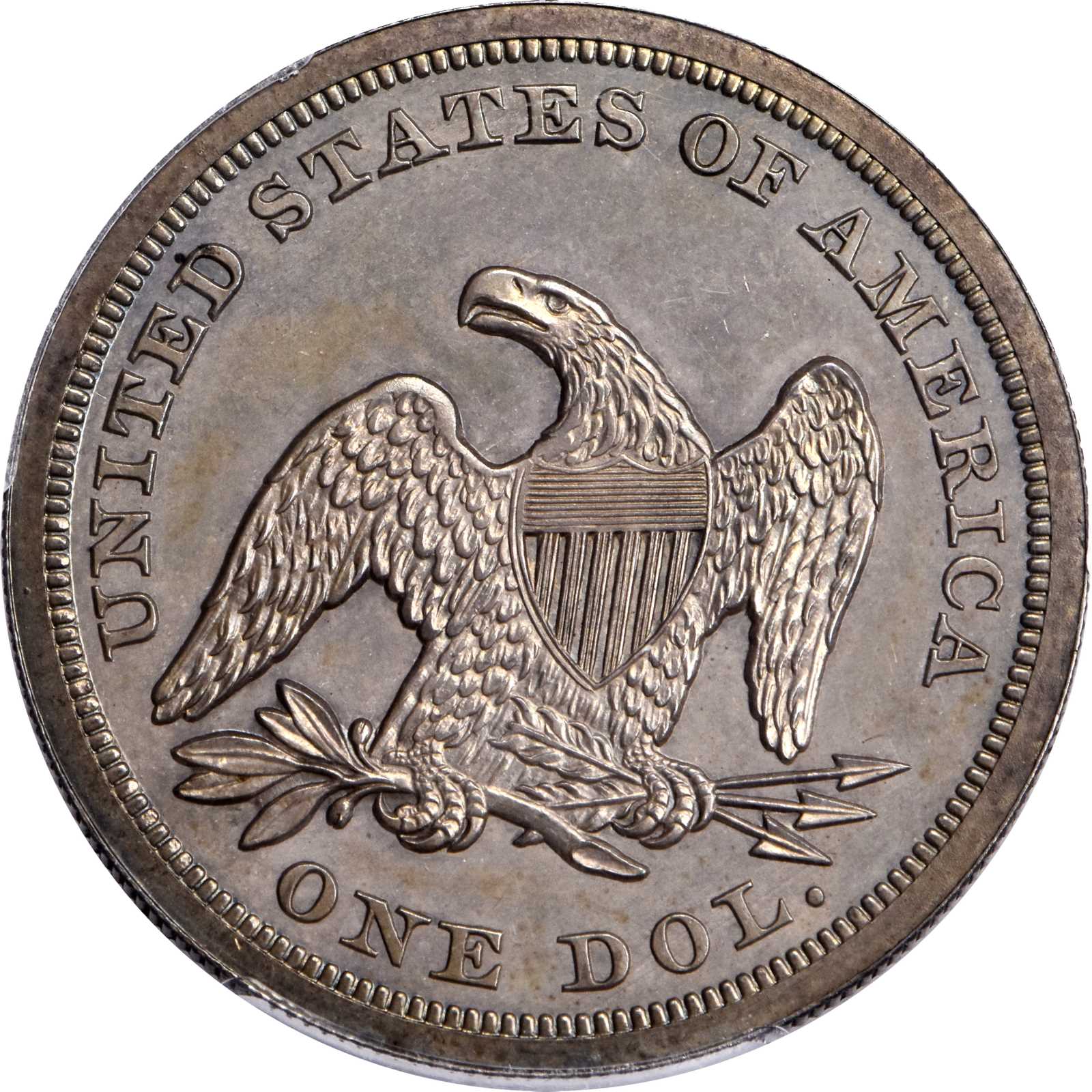 image for: 1854 Liberty Seated Silver Dollar. Restrike. OC-P3. Rarity-7-. Blundered Date. Proof-62 (PCGS).