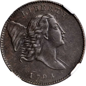 image for: 1794 Liberty Cap Half Cent. C-1a. Rarity-3. Normal Head. Large Edge Letters. MS-63 BN (NGC).