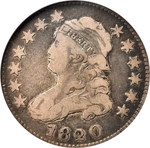 image for: 1820 Capped Bust Quarter. B-1. Rarity-5-. Large 0. Fine-12 (ANACS). OH.